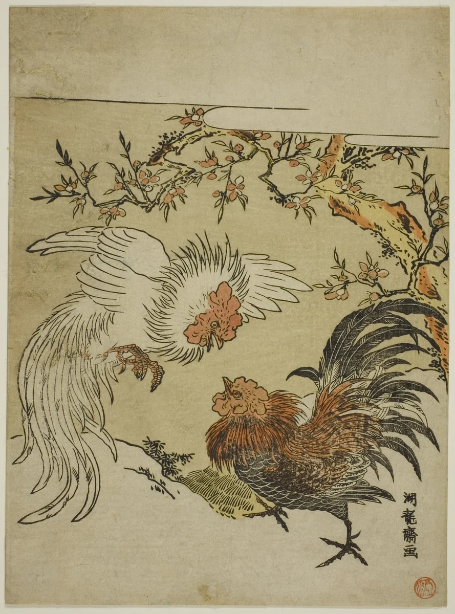 Cocks Fighting Under a Tree by Isoda Koryusai, print, 1770-1779