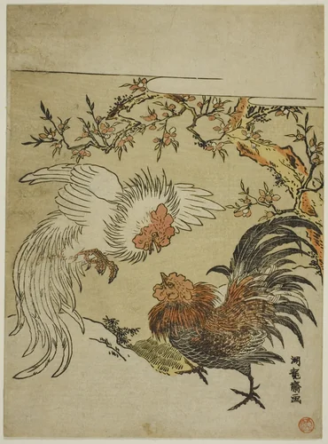 Cocks Fighting Under a Tree by Isoda Koryusai, print, 1770-1779