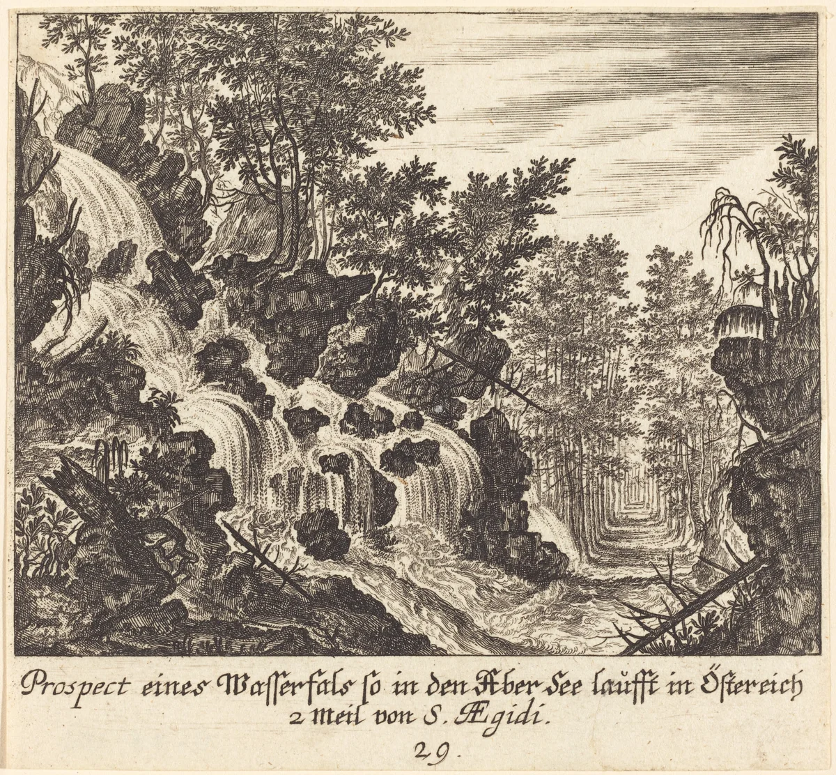 View of a Waterfall, Austria by Melchior Küsel; Johann Wilhelm Baur, print, 1681