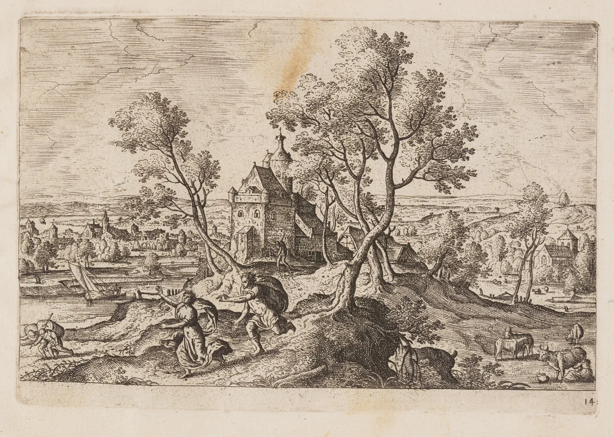 Plate 14, from Landscapes with Scenes from the Old and New Testament and Ovid’s Metamorphoses by Hans Bol, print, 1574