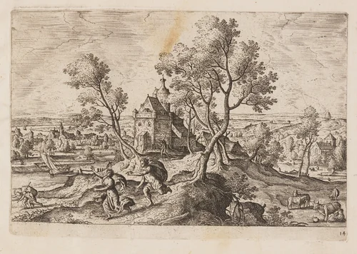 Plate 14, from Landscapes with Scenes from the Old and New Testament and Ovid’s Metamorphoses by Hans Bol, print, 1574