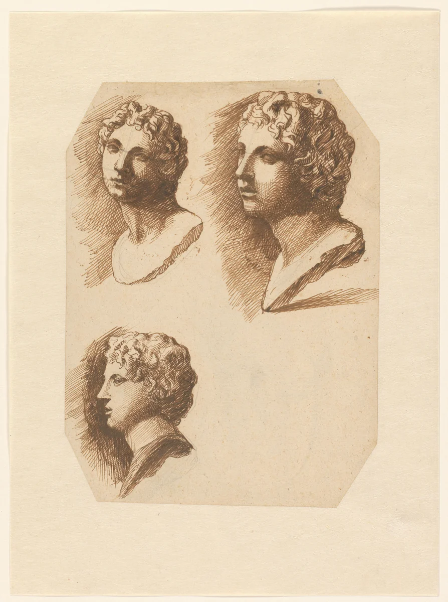 Driemaal een jongenshoofd by Constantijn Huygens, drawing, 1663