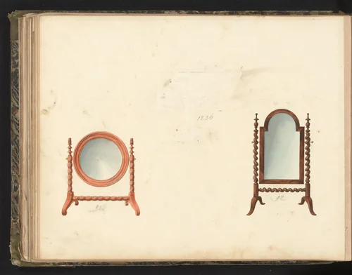 Ontwerp voor een toiletspiegel, een psyché-spiegel (en missend ontwerp voor een muziekstandaard) by anonymous, drawing, 1825-1839