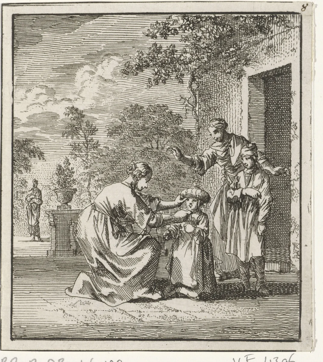 Kind wordt in de tuin een beschermend hoofddeksel opgezet by Jan Luyken, print, 1712