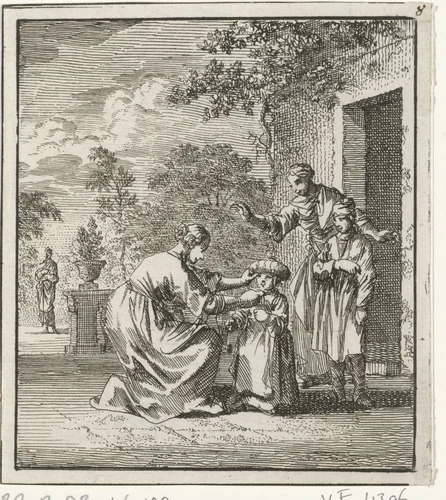 Kind wordt in de tuin een beschermend hoofddeksel opgezet by Jan Luyken, print, 1712