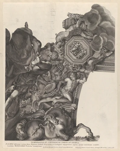 Plate 9: Allegory of Temperance with a unicorn and Publius Scipio Africanus at bottom, from "Barberinae aulae fornix" by anonymous, print, 1672-1682
