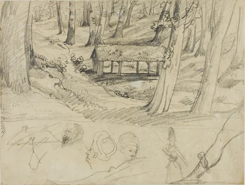 Forest Interior with Thatched Hut, and Other Sketches by Jean Louis André Théodore Géricault, drawing, 1813-1814