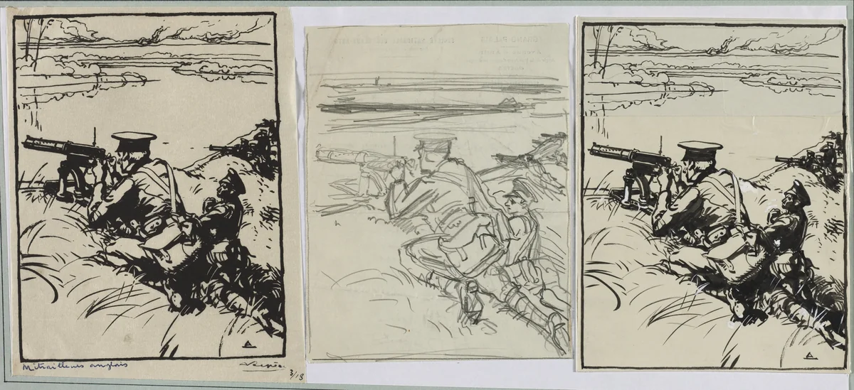 Mitrailleurs anglais by Auguste Louis Lepère, drawing, 1914
