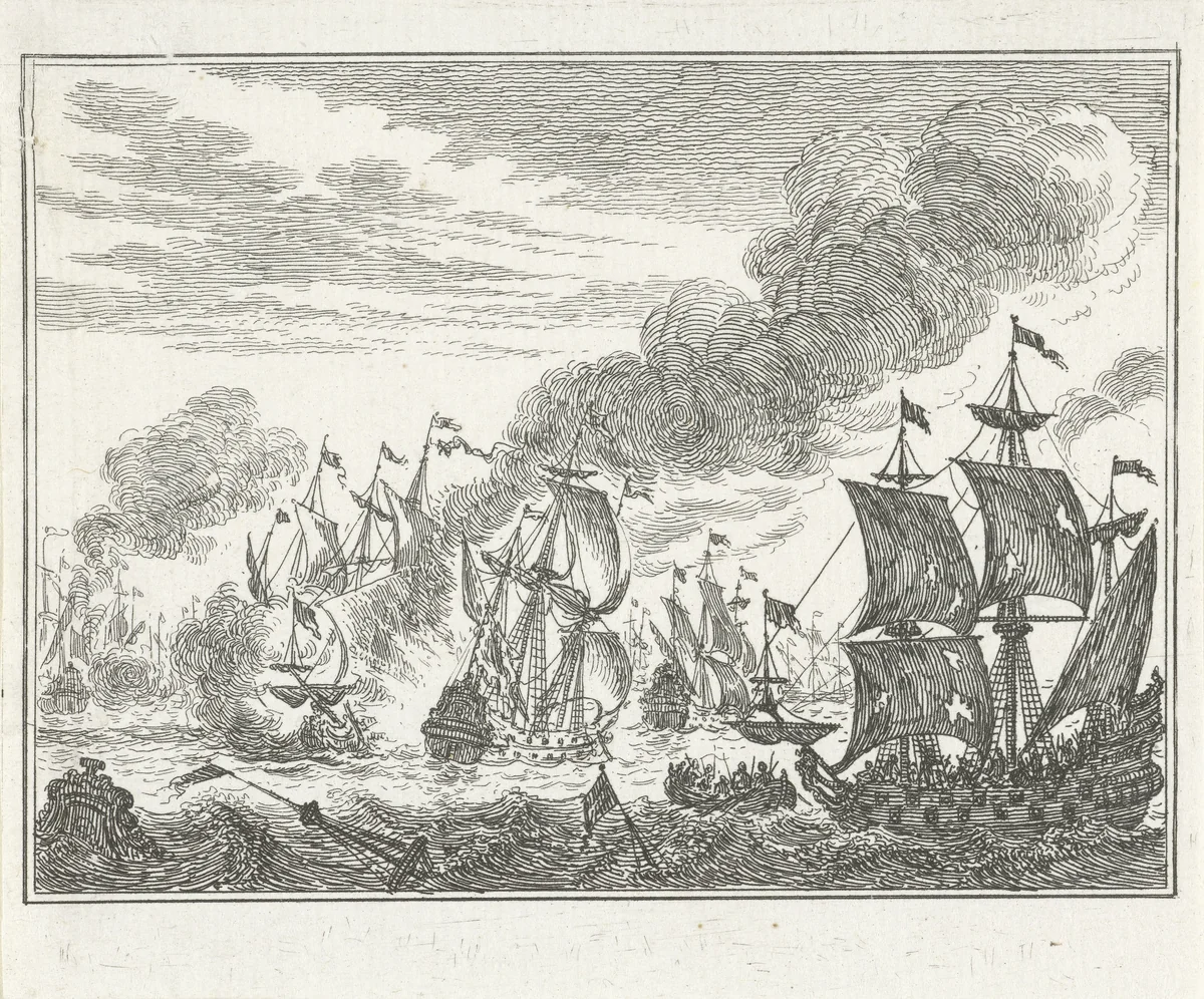 Zeeslag met zinkende schepen by Simon Fokke, print, 1722-1784