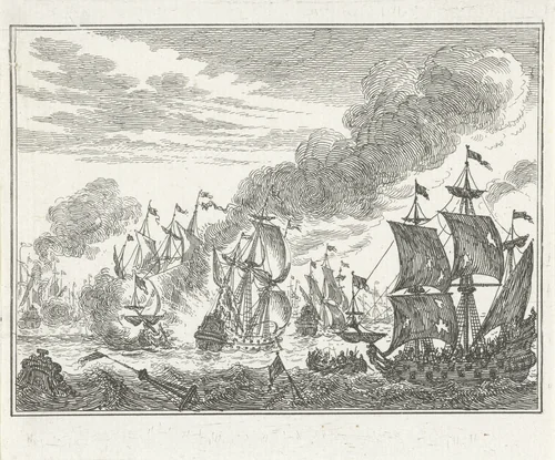 Zeeslag met zinkende schepen by Simon Fokke, print, 1722-1784