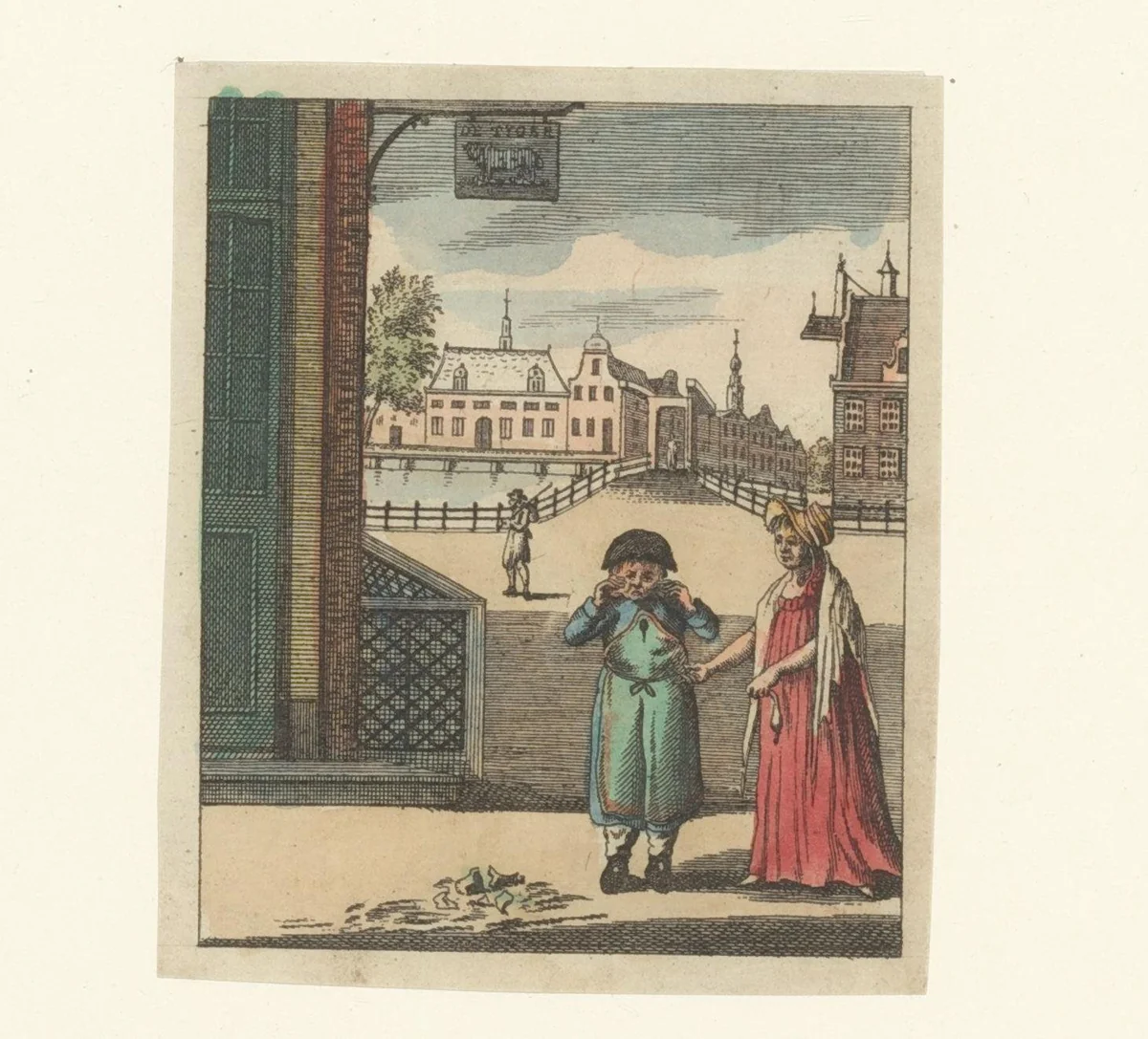 Jongen huilt bij een gebroken schaal by anonymous, print, 1800-1899