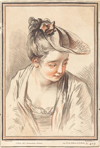 Head of a Young Woman by Gilles Demarteau Antoine Watteau, print, 1773