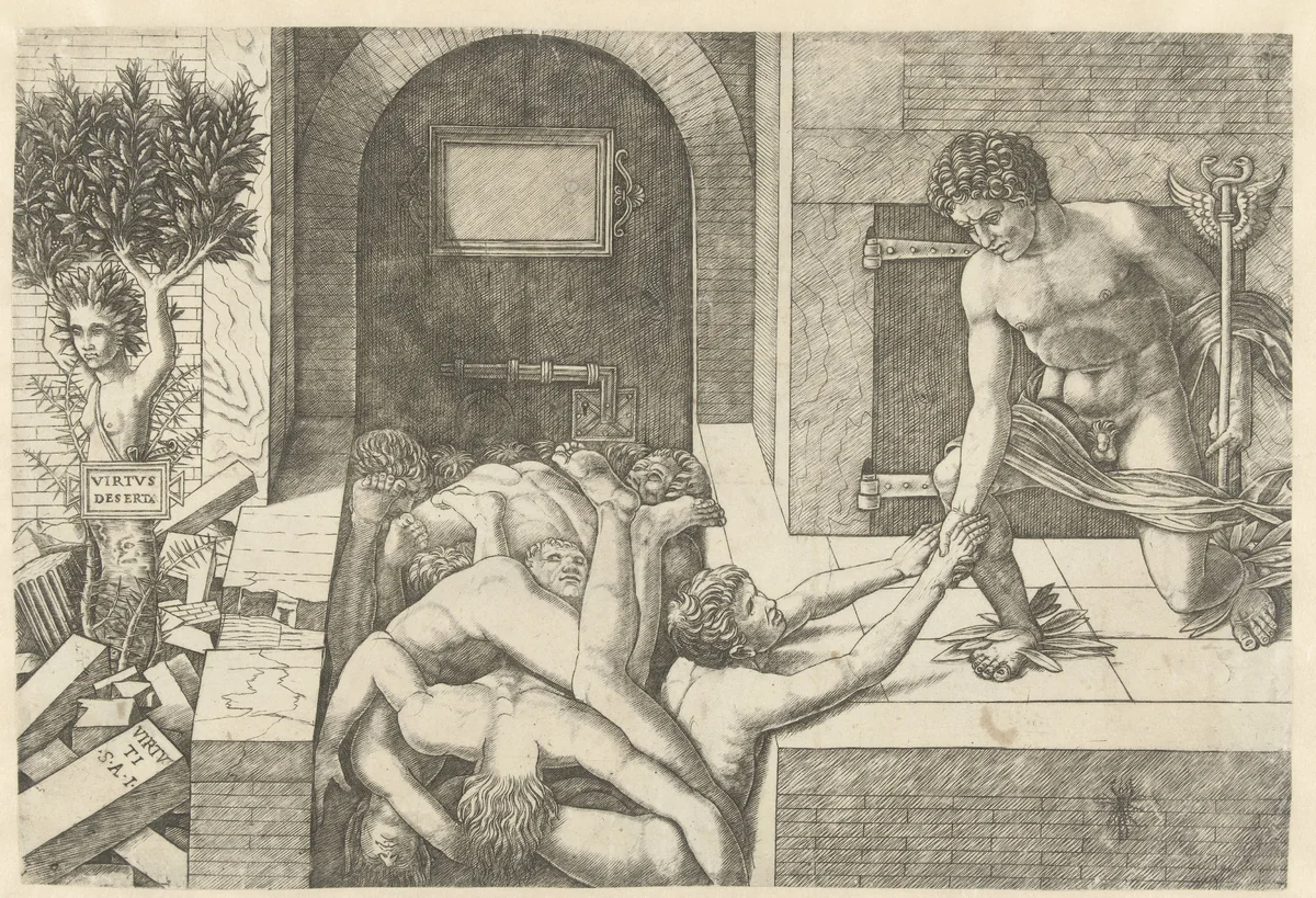 Mercurius als personificatie van Deugd redt zielen bij voorgeborchte en Daphne verandert in boom by Unknown, print, 1490-1499