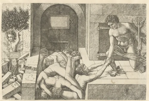 Mercurius als personificatie van Deugd redt zielen bij voorgeborchte en Daphne verandert in boom by Unknown, print, 1490-1499