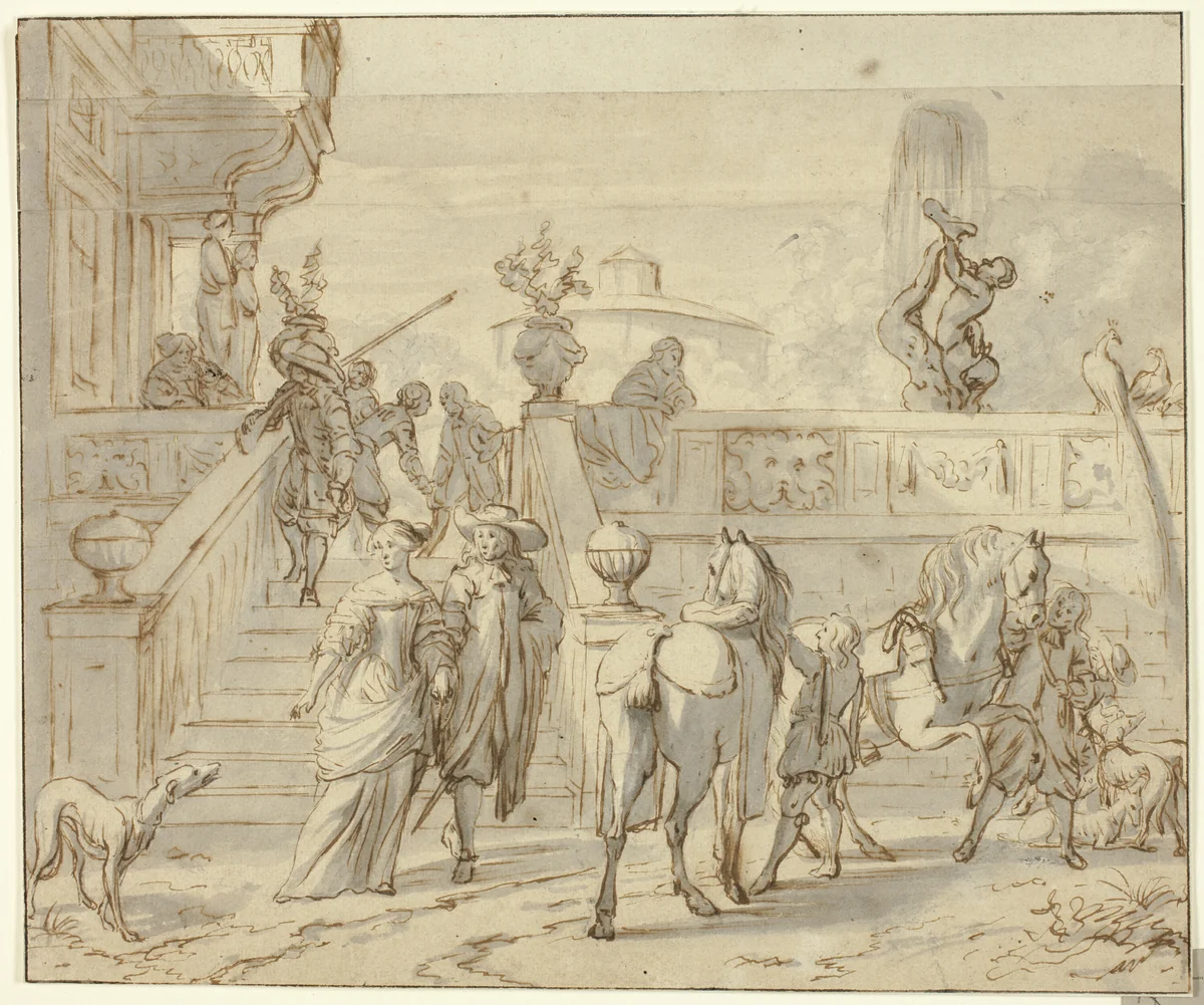 Departing for the Hunt by Jan Verkolje, drawing, 1670-1693