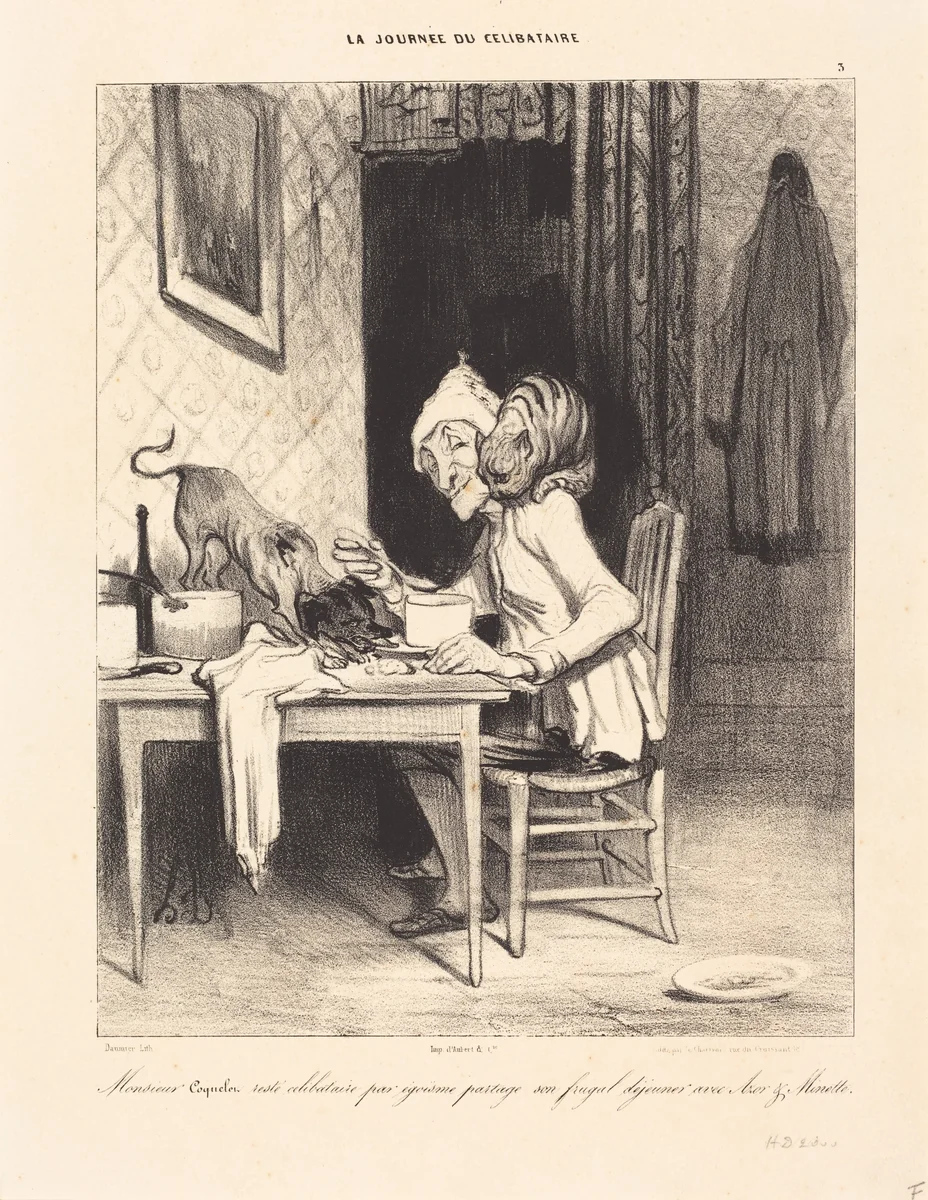 Monsieur Coquelet... partage son... déjeuner by Honoré Daumier, print, 1839