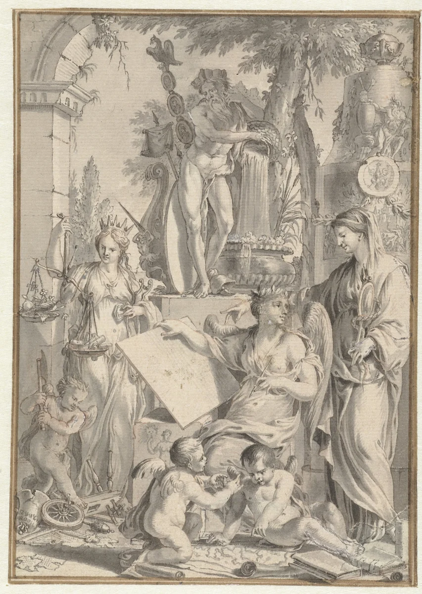 Zinnebeeldige voorstelling by Jan Goeree, drawing, 1680-1731