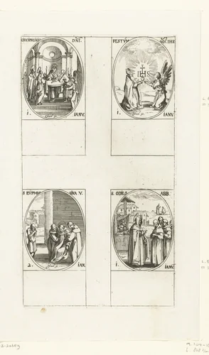 Besnijdenis van Christus, Verering van Christus' naam, Heilige Odilo van Cluny, Heilige Euphrosyna van Alexandrië (1-2 januari) by Jacques Callot, print, 1632-1636
