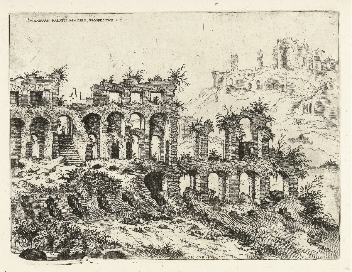 Gezicht op het Colosseum en de Palatijn by Unknown, print, 1551
