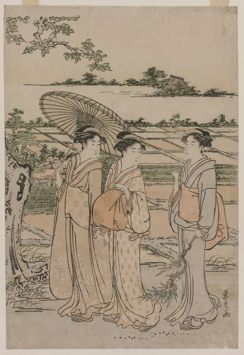 Three Women Strolling in the Countryside by Chōbunsai Eishi (鳥文斎栄之), print, 1780-1790