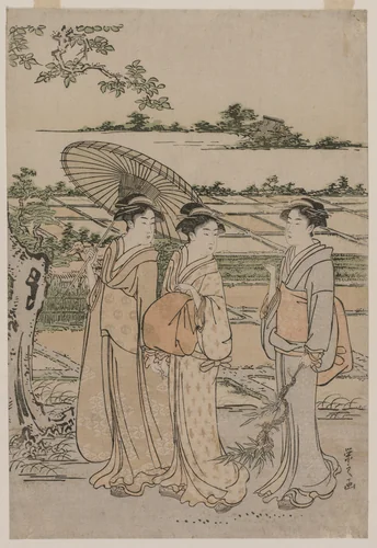 Three Women Strolling in the Countryside by Chōbunsai Eishi (鳥文斎栄之), print, 1780-1790