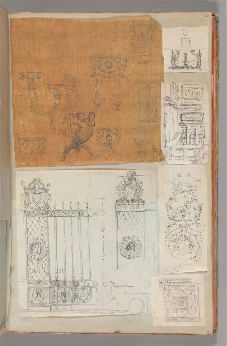 Page from a Scrapbook containing Drawings and Several Prints of Architecture, Interiors, Furniture and Other Objects by Charles Percier, book, 1795-1805