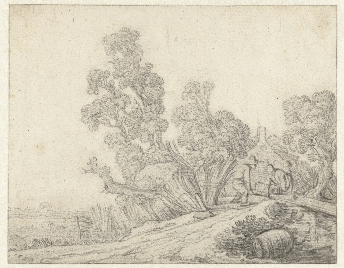 Landschap met twee figuren voor een boerderij by Pieter de Molijn, drawing, 1638