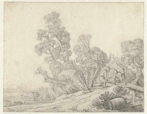 Landschap met twee figuren voor een boerderij by Pieter de Molijn, drawing, 1638