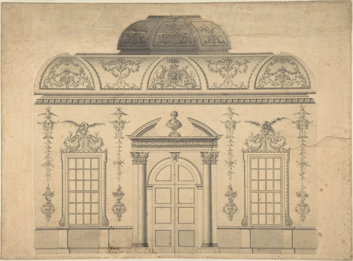 Design for the Decoration of the Window Door Wall of a Rococo Room with a Coved Ceiling and Coved Central Fanlight (Section) by Thomas Lightoler, drawing, 1730-1770