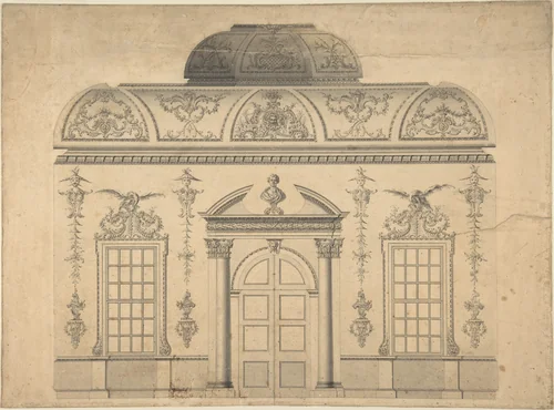Design for the Decoration of the Window Door Wall of a Rococo Room with a Coved Ceiling and Coved Central Fanlight (Section) by Thomas Lightoler, drawing, 1730-1770