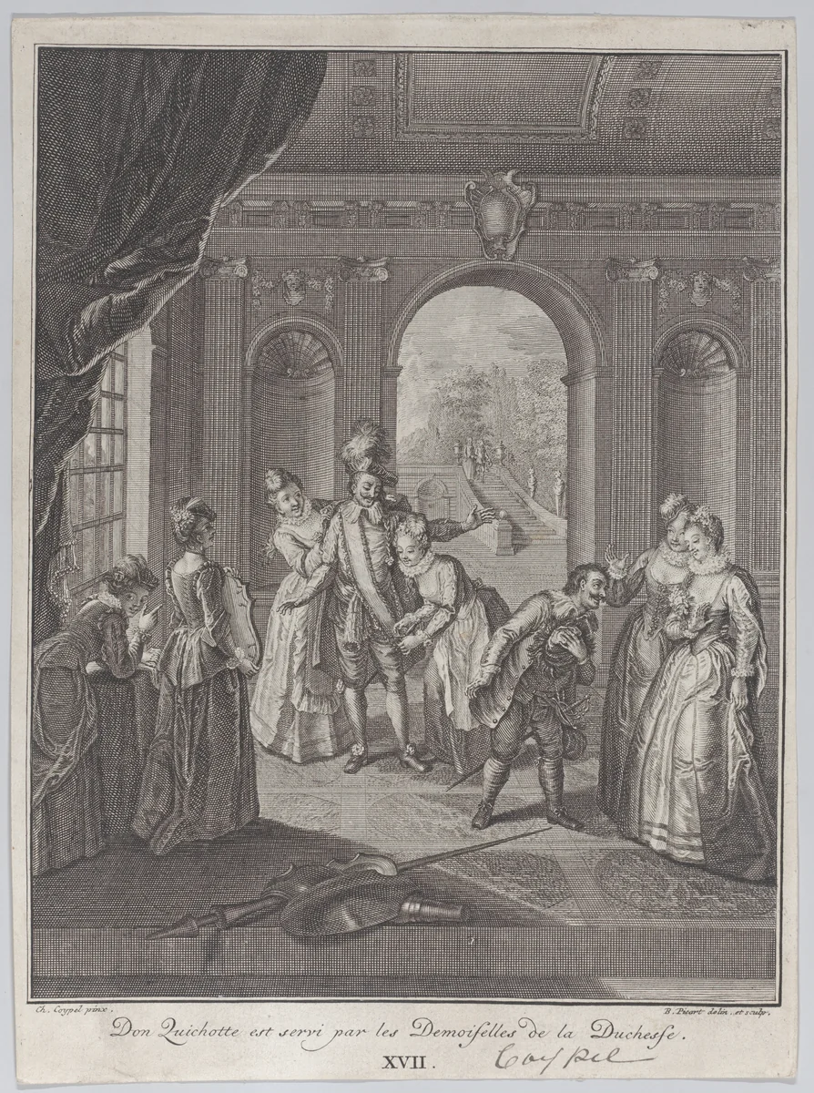 Plate 17: Don Quixote is served by the ladies of the Duchess (Don Quichotte est servi par les Demoiselles de la Duchesse) by Bernard Picart, print, 1745