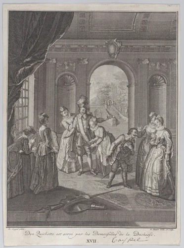 Plate 17: Don Quixote is served by the ladies of the Duchess (Don Quichotte est servi par les Demoiselles de la Duchesse) by Bernard Picart, print, 1745