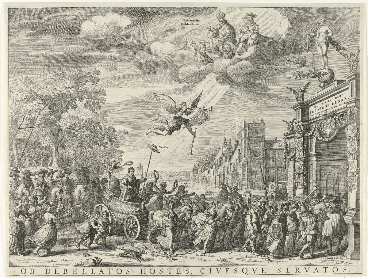 Allegorische triomfantelijke intocht van Frederik Hendrik in Den Haag by Salomon Savery, print, 1629-1630