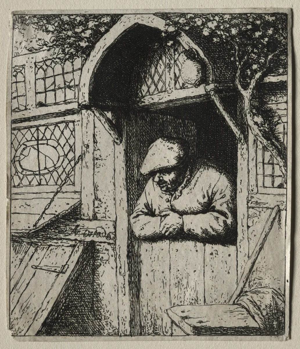 Peasant Leaning on His Doorway by Adriaen van Ostade, print, 1558-1648