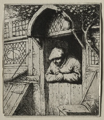 Peasant Leaning on His Doorway by Adriaen van Ostade, print, 1558-1648