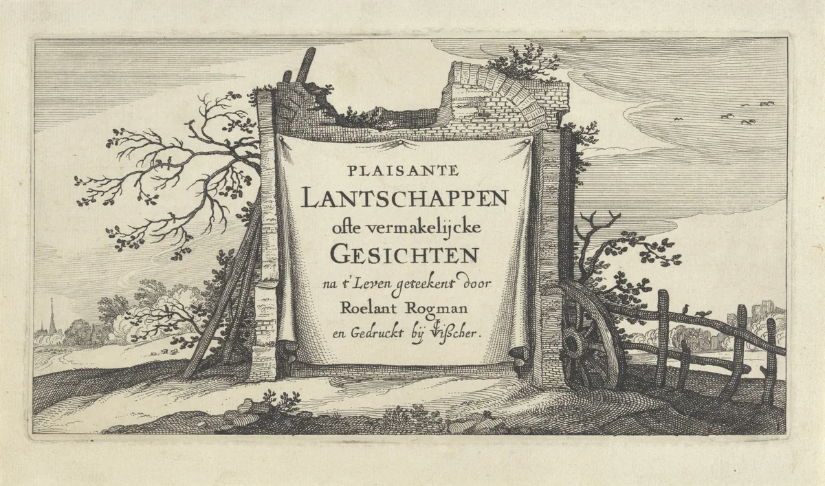 Titelprent voor een serie van landschappen met dorpen rondom Amsterdam by Claes Jansz Visscher, print, 1637-1652