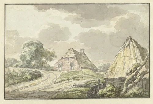 Boerenhuis aan de splitsing van een landweg by Jan Bulthuis, drawing, 1783