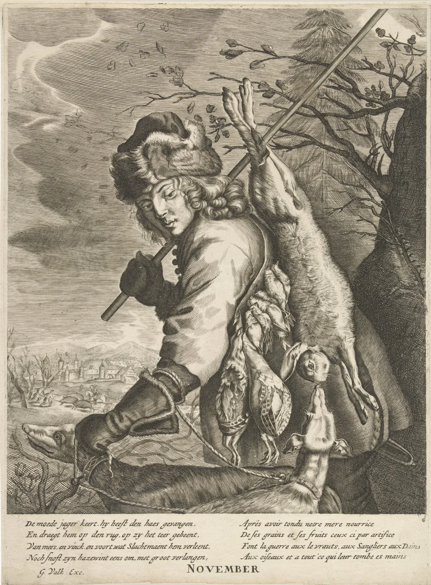 November: een jager met zijn buit by anonymous, print, 1670-1726