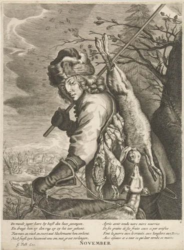 November: een jager met zijn buit by anonymous, print, 1670-1726