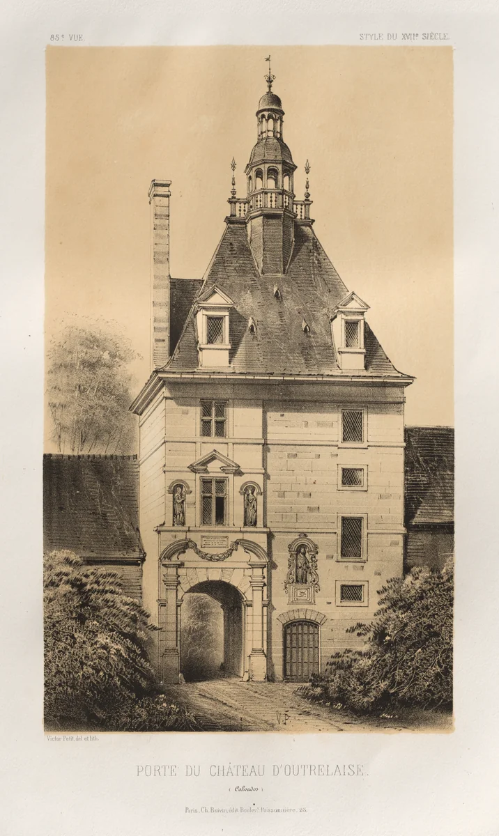 Architecture Pittoresque ou Monuments des XVeme. Et XVIeme. Siecles: Chateaux de France des XV et XVI Siecles: Pl. 85, Porte du Château d'Outrelaise (Calvados) by Victor Petit, print, 1860