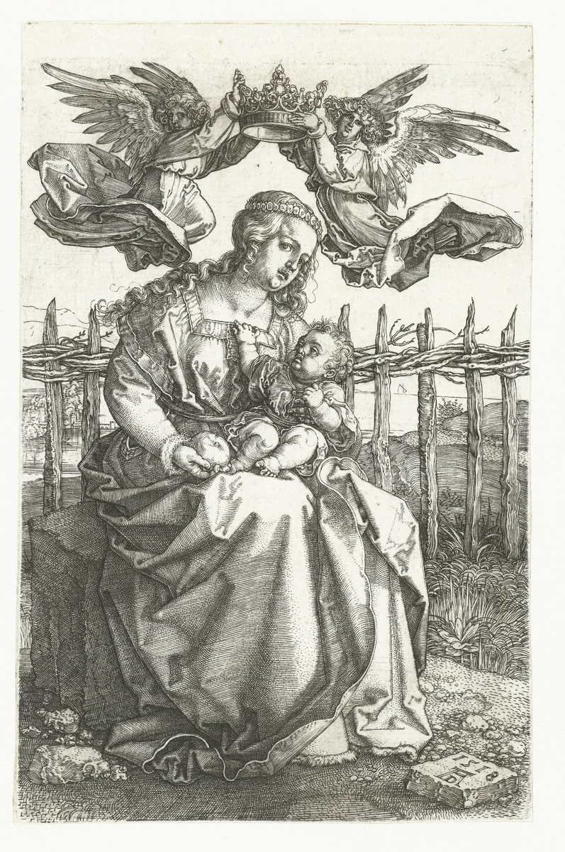 Maria met kind gekroond door twee engelen by Unknown, print, 1518