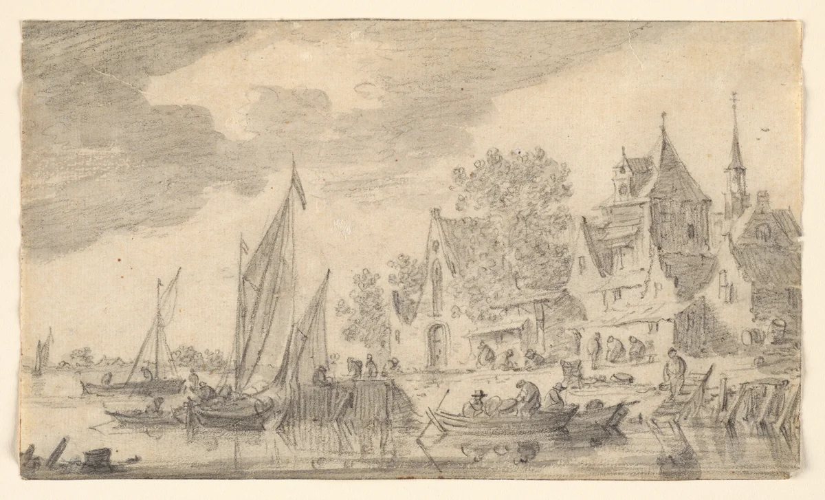 Landing Place by a Town by Jan van Goyen, drawing, 1636-1700
