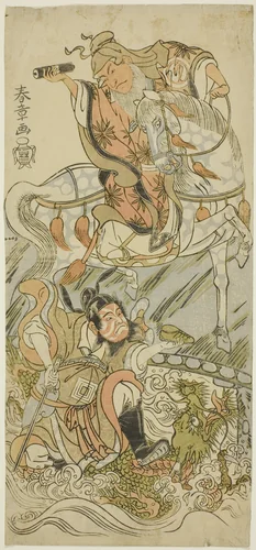 Actors Sawamura Sôjûrô II as Chinese Sage Huangshi Gong and Ichikawa Danzô III as Chinese Warrior Zhang Liang in “At Mt. Otoko, a Trial of Strength in Drawing the Bow” (“Otokoyama yunzei kurabe”) by Katsukawa Shunshô (勝川春章), print, 1763-1773
