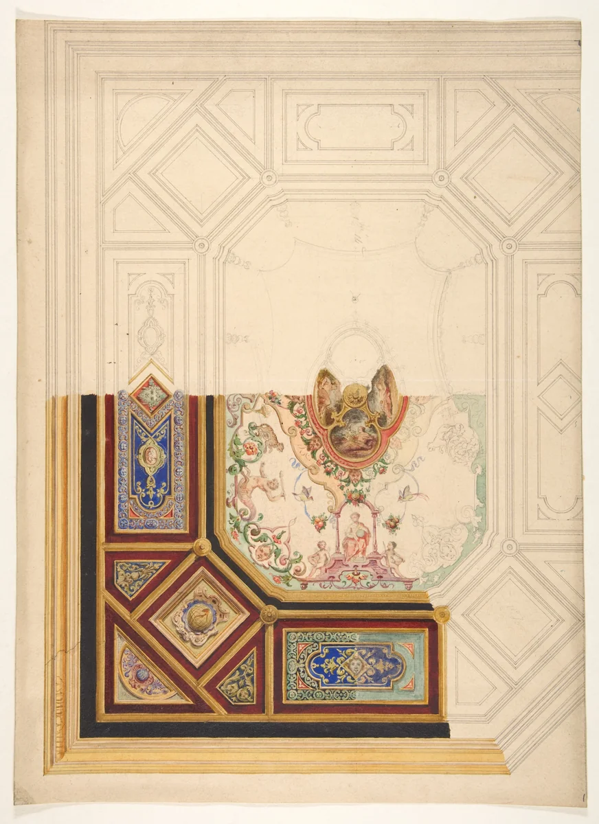 Design for a paneled ceiling to be painted in grotesque motifs by Jules-Edmond-Charles Lachaise, drawing, 1820-1897