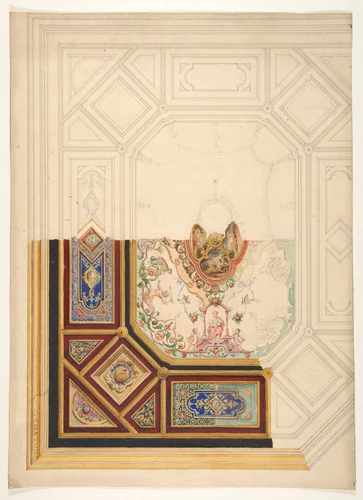 Design for a paneled ceiling to be painted in grotesque motifs by Jules-Edmond-Charles Lachaise, drawing, 1820-1897
