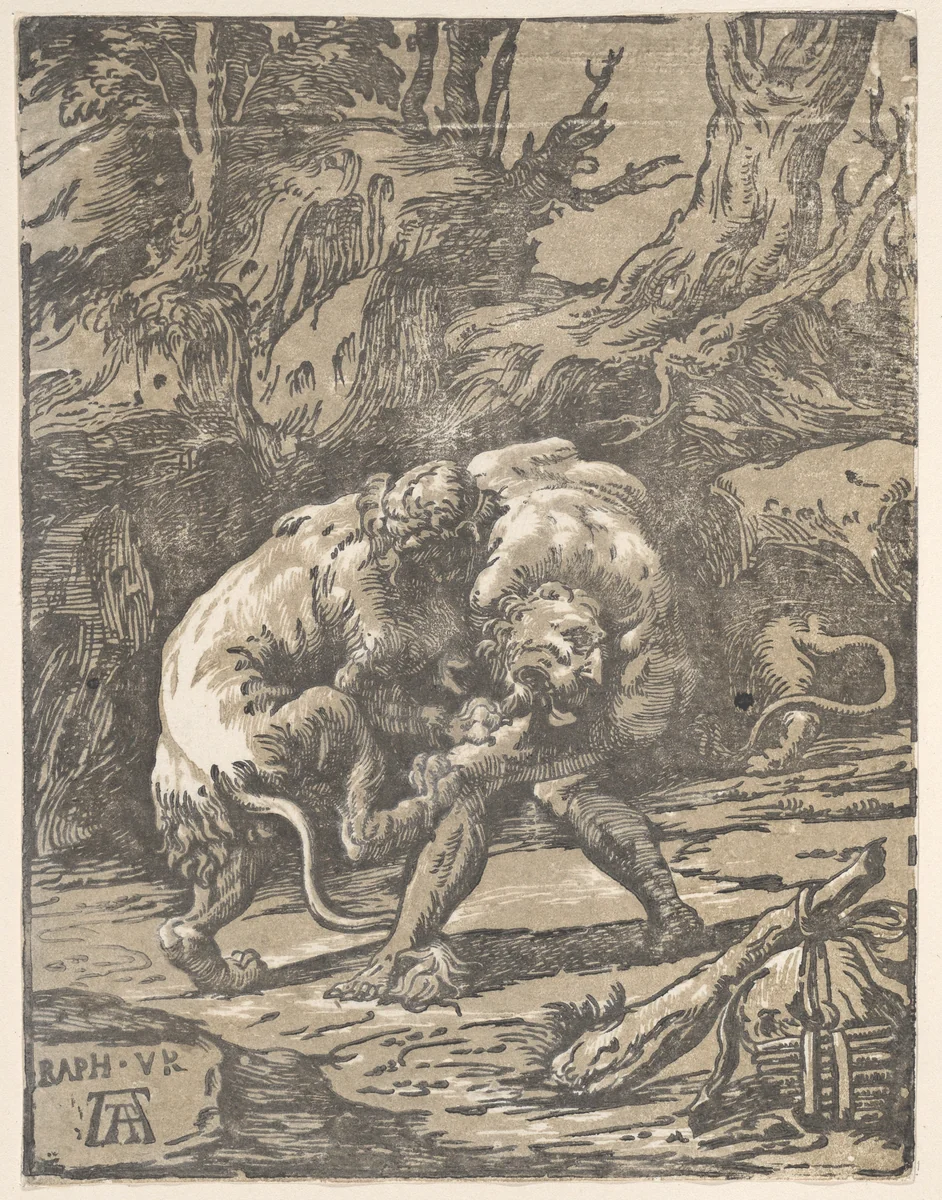 Hercules and the Nemean Lion by Niccolò Vicentino, print, 1540-1550