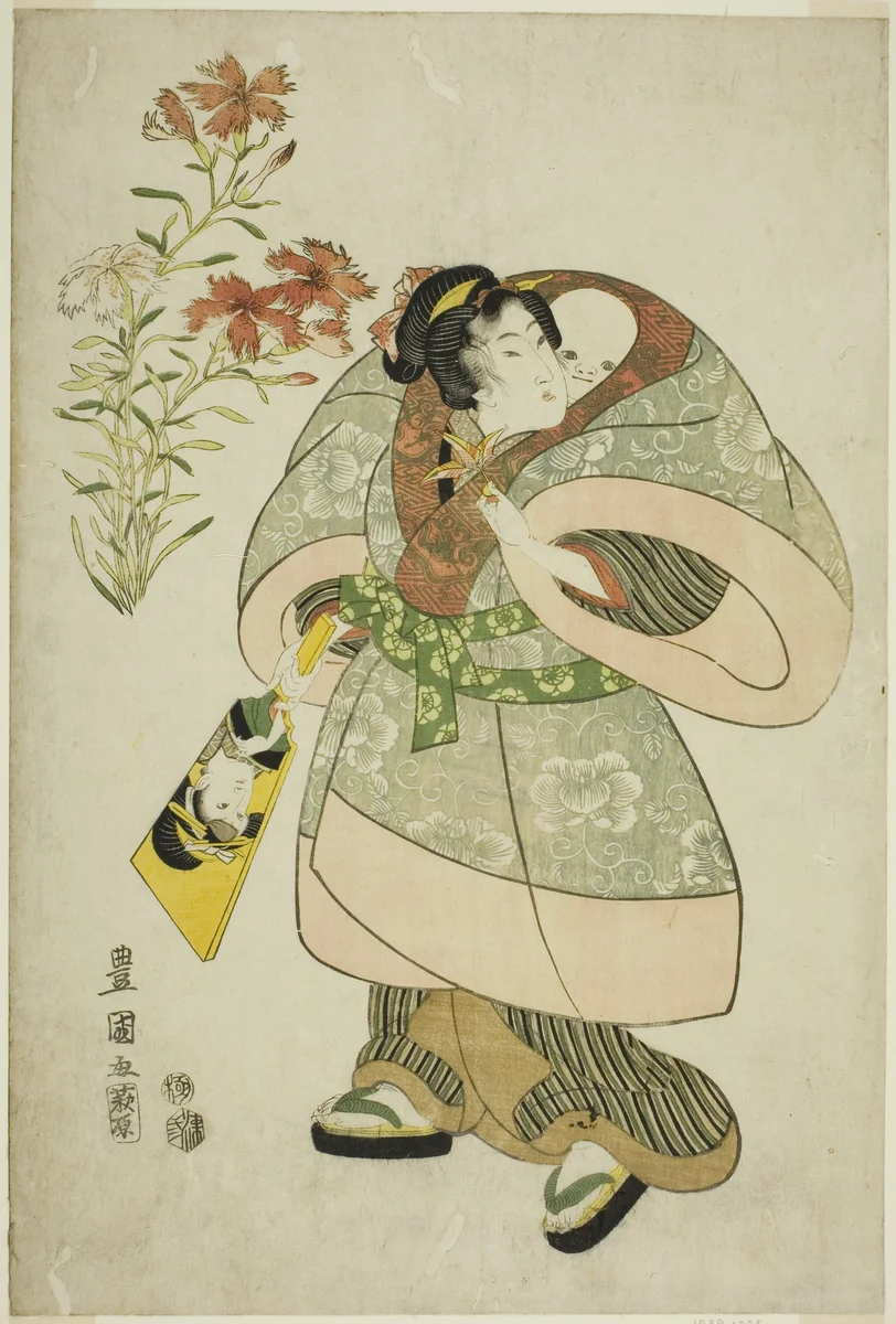 Pinks: nurse and baby, from an untitled series of beauties and flowers by Utagawa Toyokuni I (初代 歌川 豊国), print, 1812