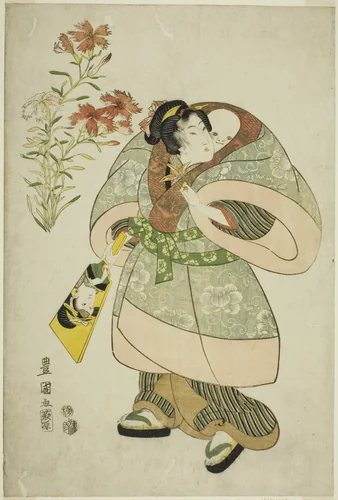 Pinks: nurse and baby, from an untitled series of beauties and flowers by Utagawa Toyokuni I (初代 歌川 豊国), print, 1812