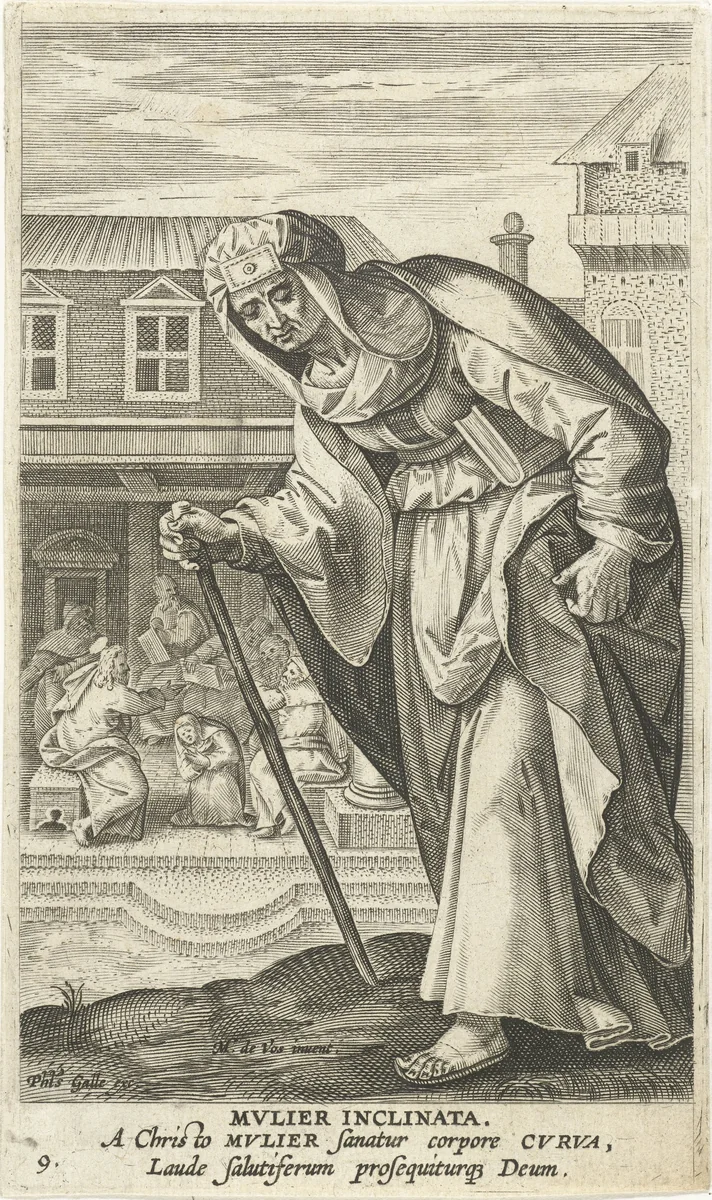 Gebochelde vrouw by Jan Collaert, print, 1595-1599