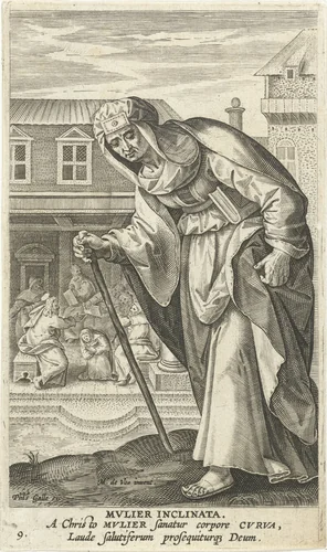 Gebochelde vrouw by Jan Collaert, print, 1595-1599